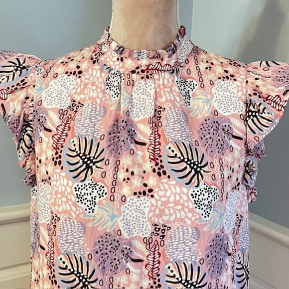 THML Ruffled Flutter Sleeve Tiered Tropical Floral Pink Mini Dress S/M - Picture 2 of 10